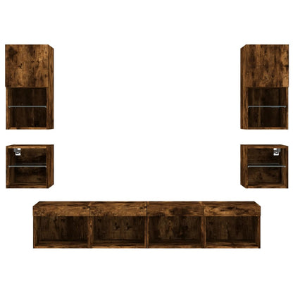 Mobili TV a Muro con LED 8pz Rovere Fumo in Legno Multistrato