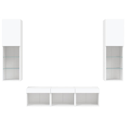 Mobili TV a Muro con LED 5pz Bianchi in Legno Multistrato