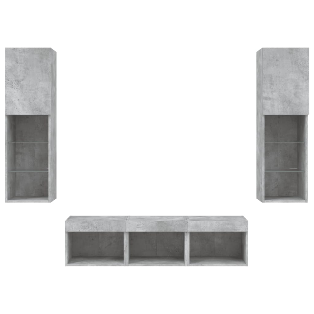 Mobili TV a Muro con LED 5pz Grigio Cemento Legno Multistrato