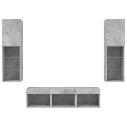 Mobili TV a Muro con LED 5pz Grigio Cemento Legno Multistrato