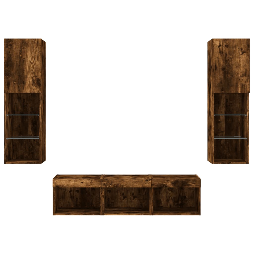 Mobili TV a Muro con LED 5pz Rovere Fumo in Legno Multistrato