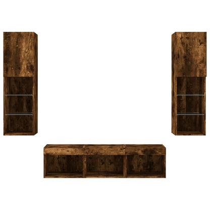 Mobili TV a Muro con LED 5pz Rovere Fumo in Legno Multistrato