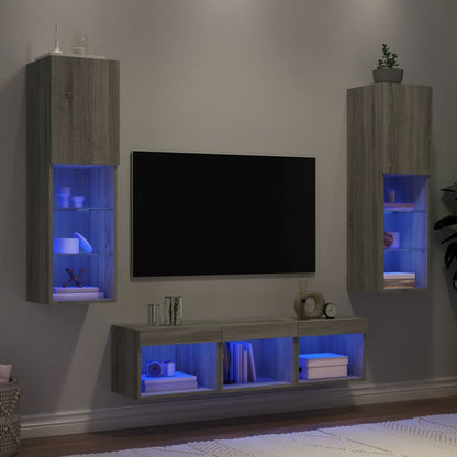 Mobili TV a Muro con LED 5pz Grigio Sonoma in Legno Multistrato