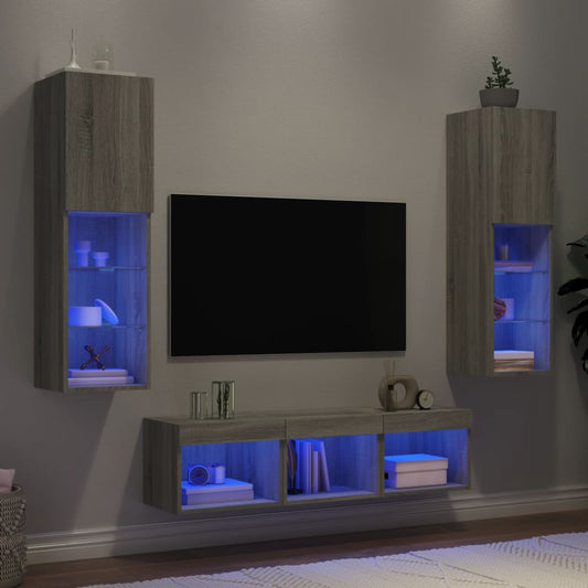 Mobili TV a Muro con LED 5pz Grigio Sonoma in Legno Multistrato