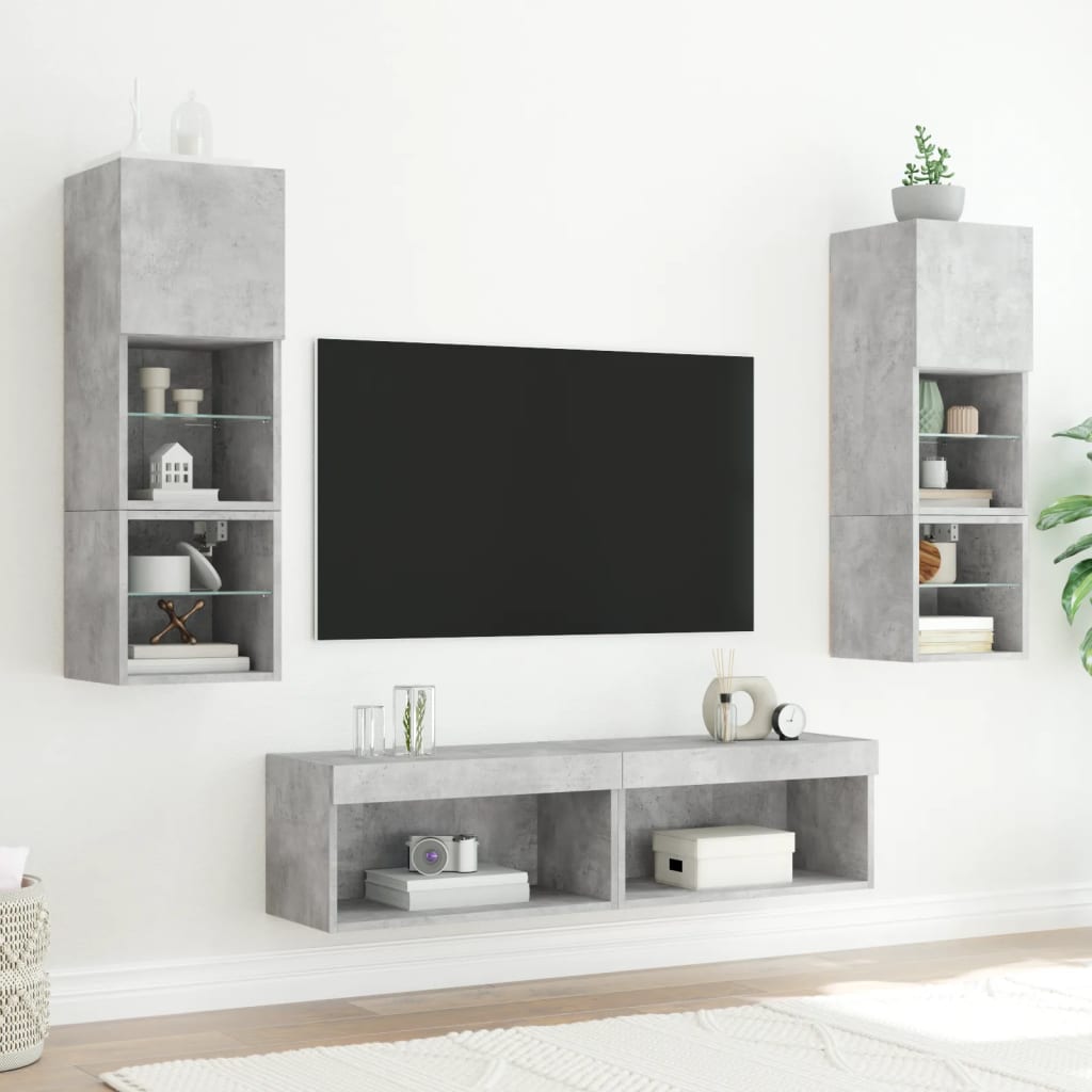 Mobili TV a Muro con LED 6pz Grigio Cemento Legno Multistrato