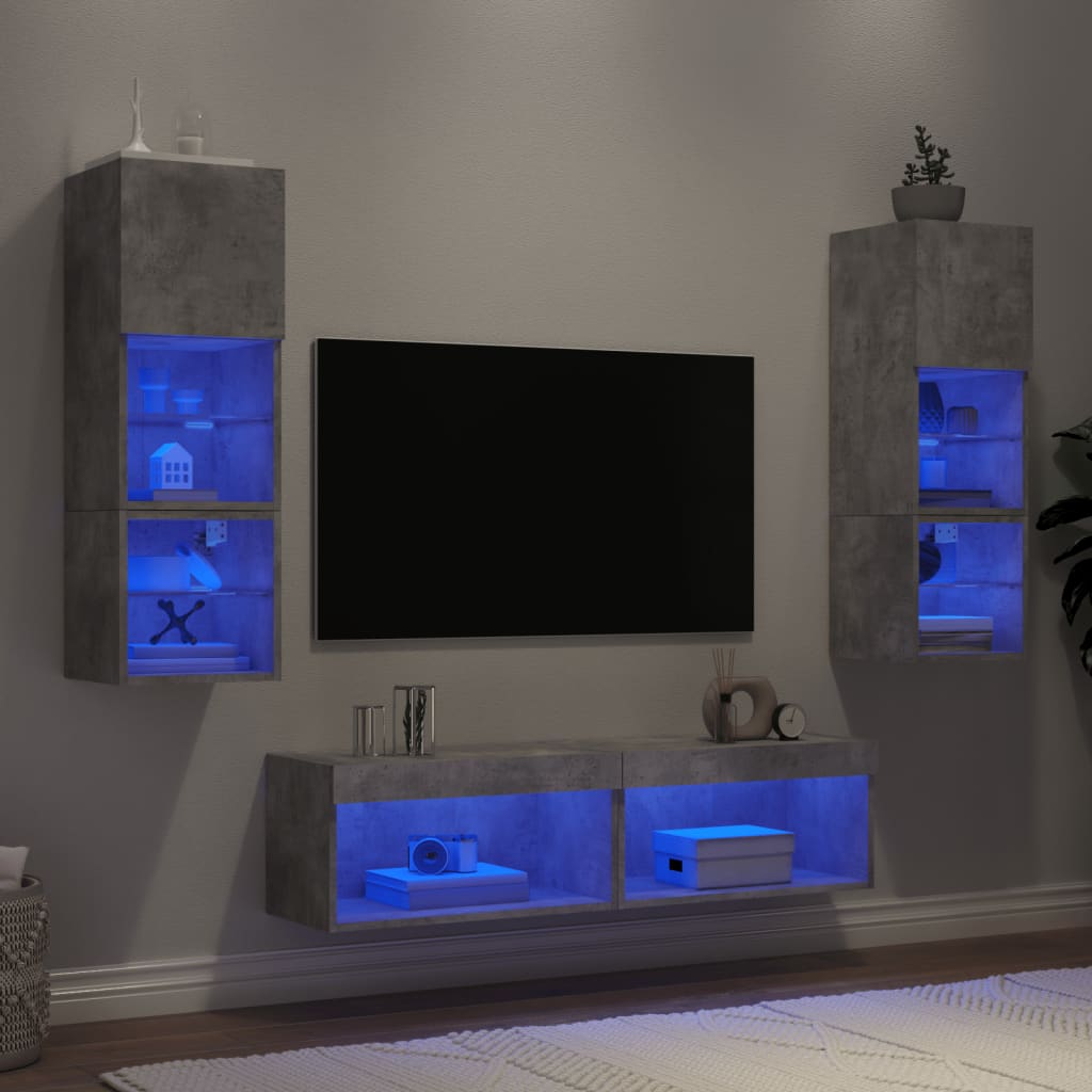 Mobili TV a Muro con LED 6pz Grigio Cemento Legno Multistrato