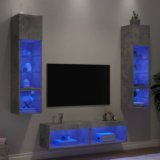Mobili TV a Muro con LED 6pz Grigio Cemento Legno Multistrato