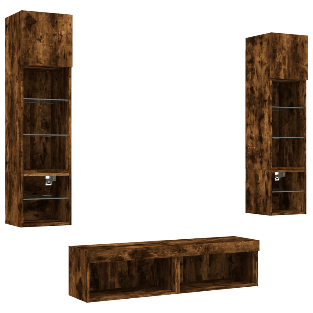 Mobili TV a Muro con LED 6pz Rovere Fumo in Legno Multistrato