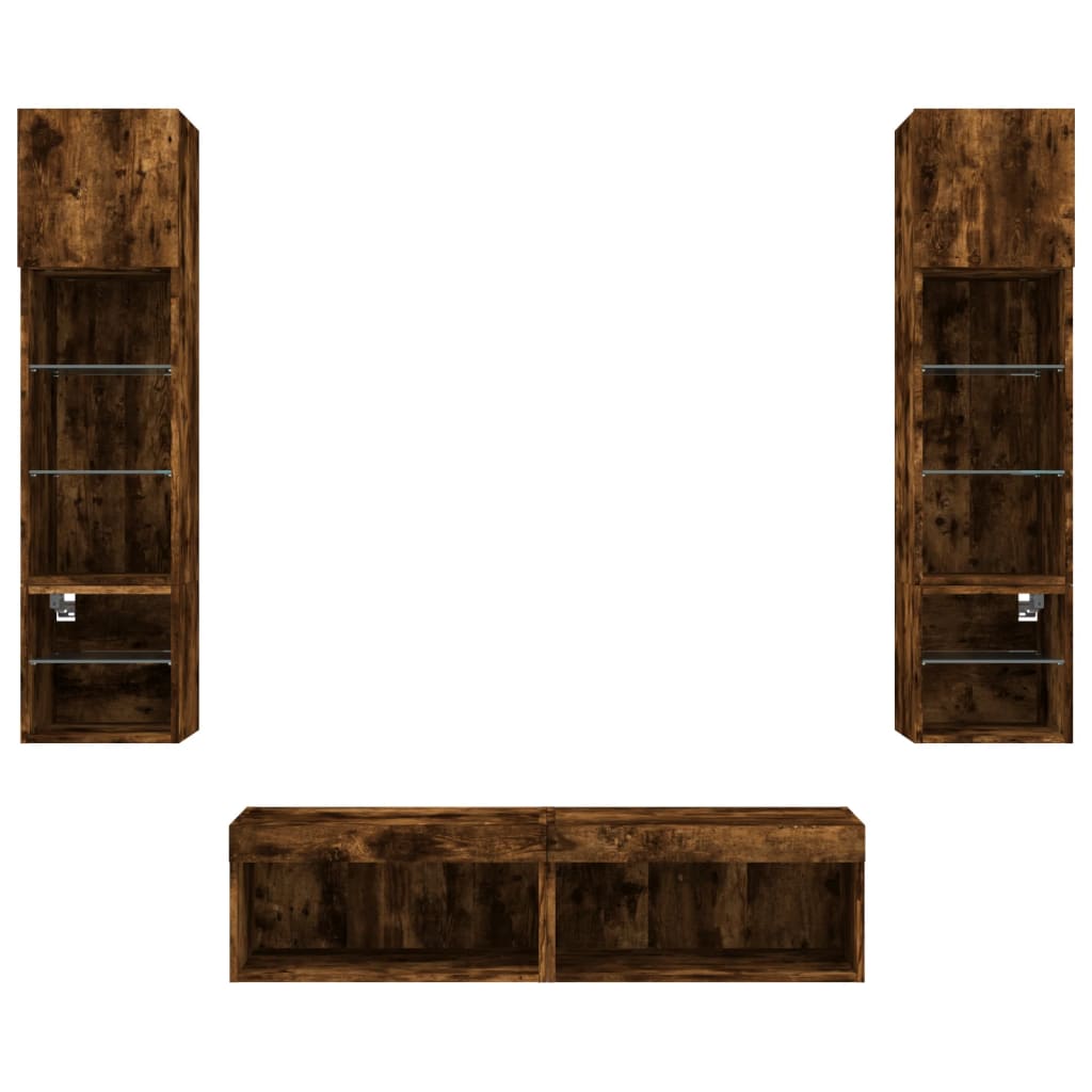 Mobili TV a Muro con LED 6pz Rovere Fumo in Legno Multistrato