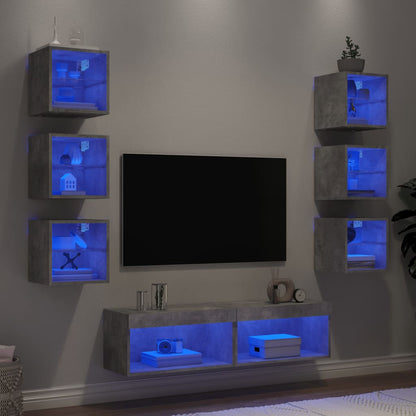 Mobili TV a Muro con LED 8pz Grigio Cemento Legno Multistrato