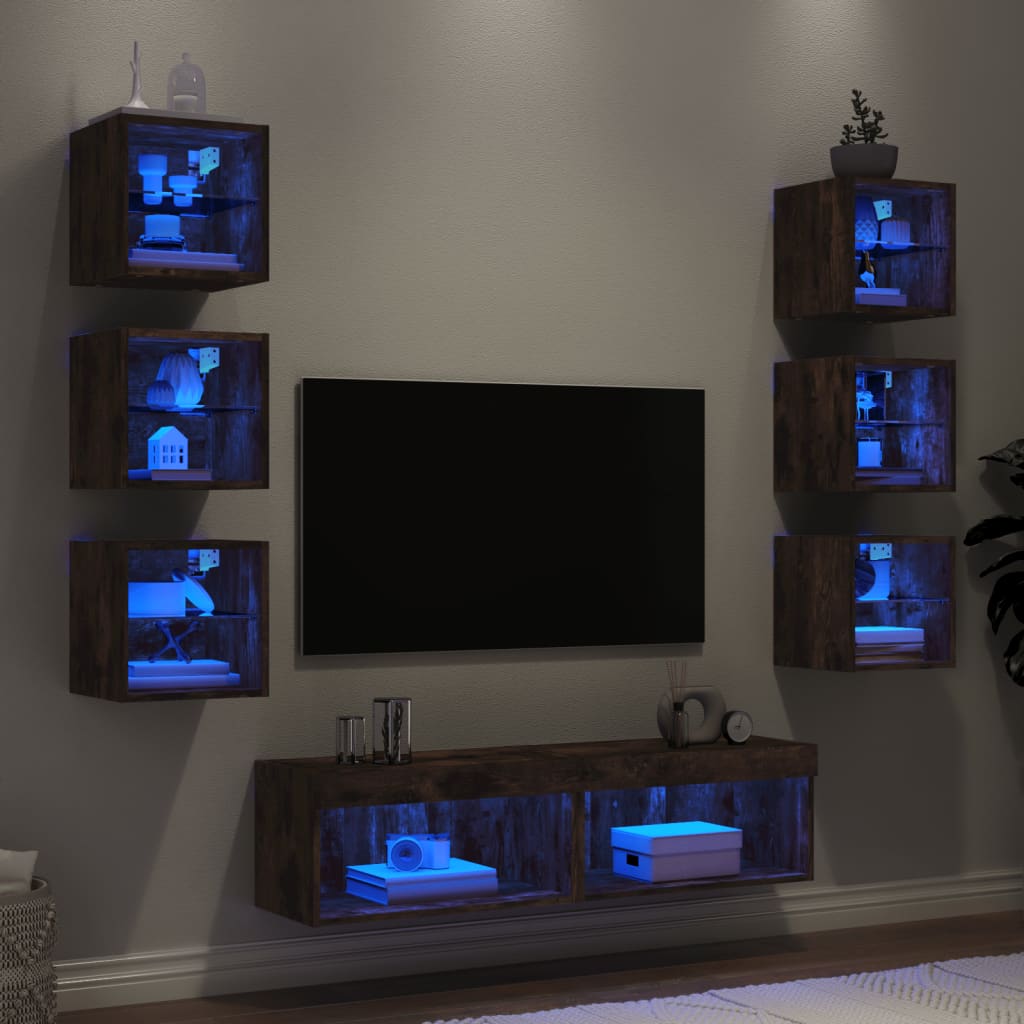 Mobili TV a Muro con LED 8pz Rovere Fumo in Legno Multistrato