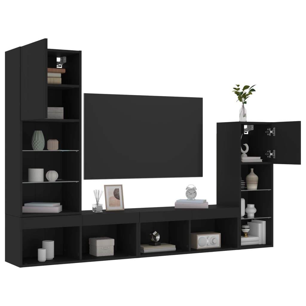 Mobili TV a Muro con LED 4pz Neri in Legno Multistrato