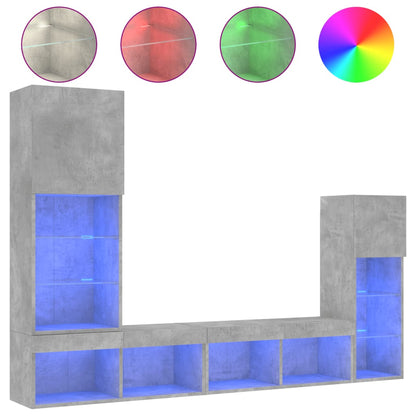 Mobili TV a Muro con LED 4pz Grigio Cemento Legno Multistrato