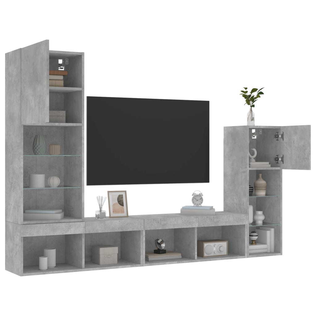 Mobili TV a Muro con LED 4pz Grigio Cemento Legno Multistrato