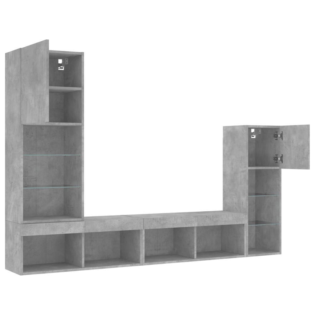 Mobili TV a Muro con LED 4pz Grigio Cemento Legno Multistrato