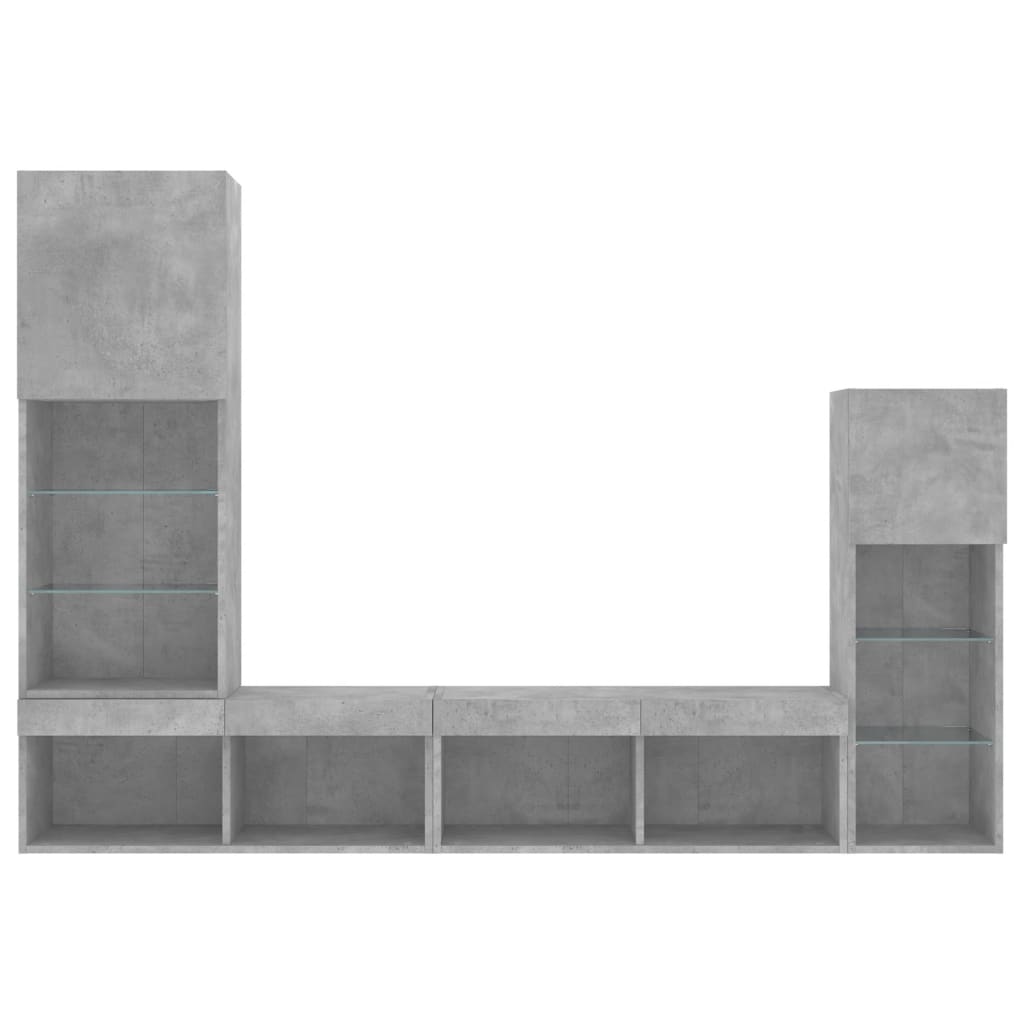 Mobili TV a Muro con LED 4pz Grigio Cemento Legno Multistrato