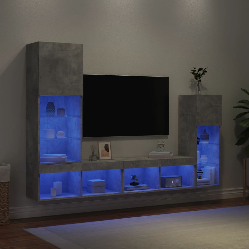 Mobili TV a Muro con LED 4pz Grigio Cemento Legno Multistrato