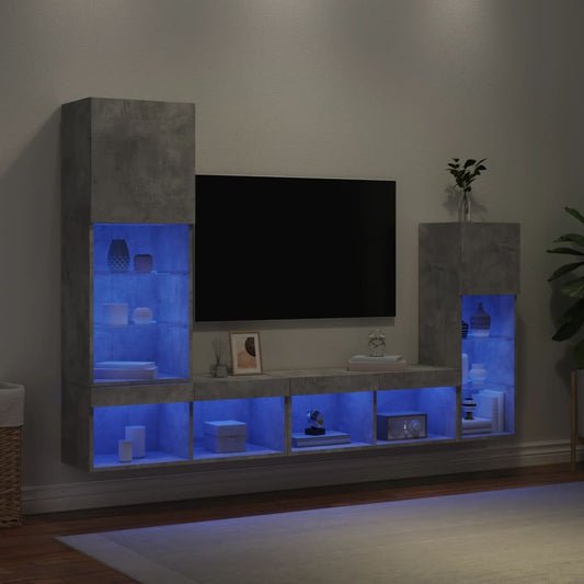 Mobili TV a Muro con LED 4pz Grigio Cemento Legno Multistrato