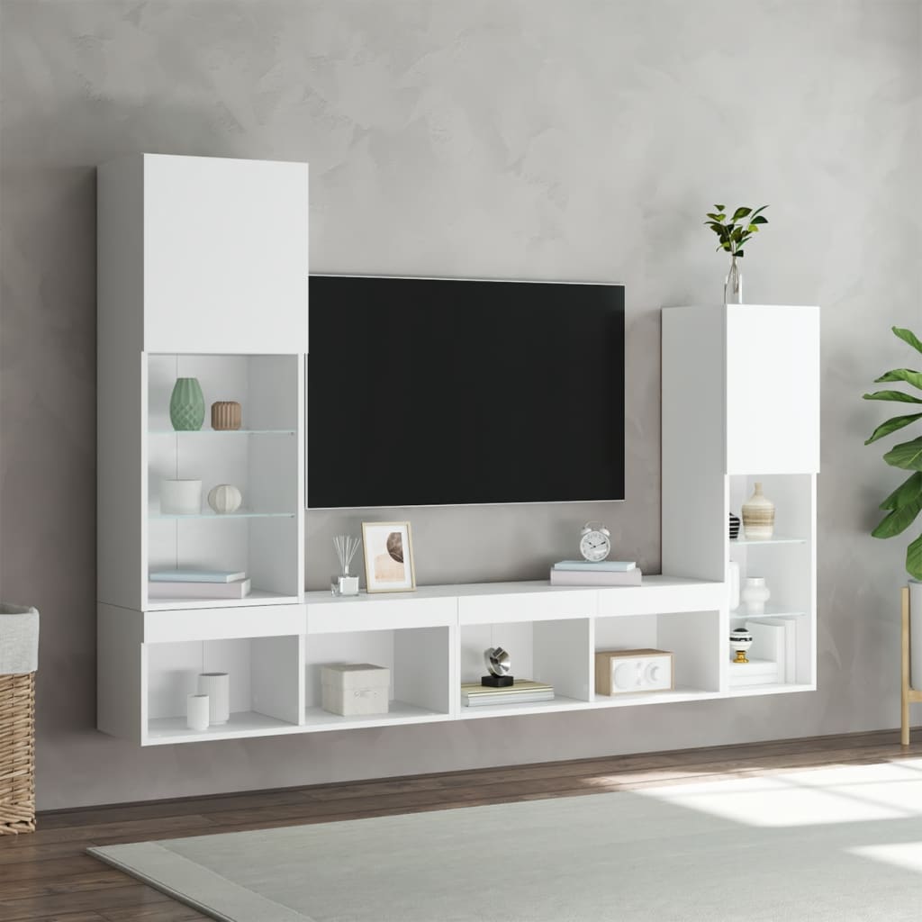 Mobili TV a Muro con LED 4pz Bianchi in Legno Multistrato