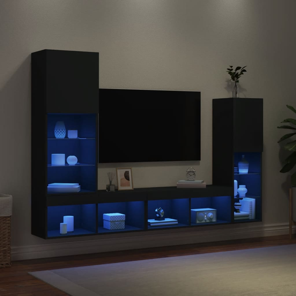 Mobili TV a Muro con LED 4pz Neri in Legno Multistrato