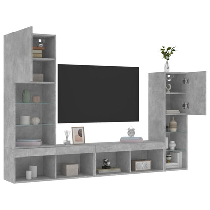 Mobili TV a Muro con LED 4pz Grigio Cemento Legno Multistrato