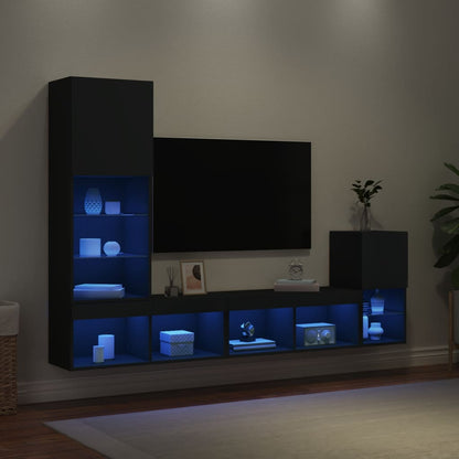 Mobili TV a Muro con LED 4pz Neri in Legno Multistrato