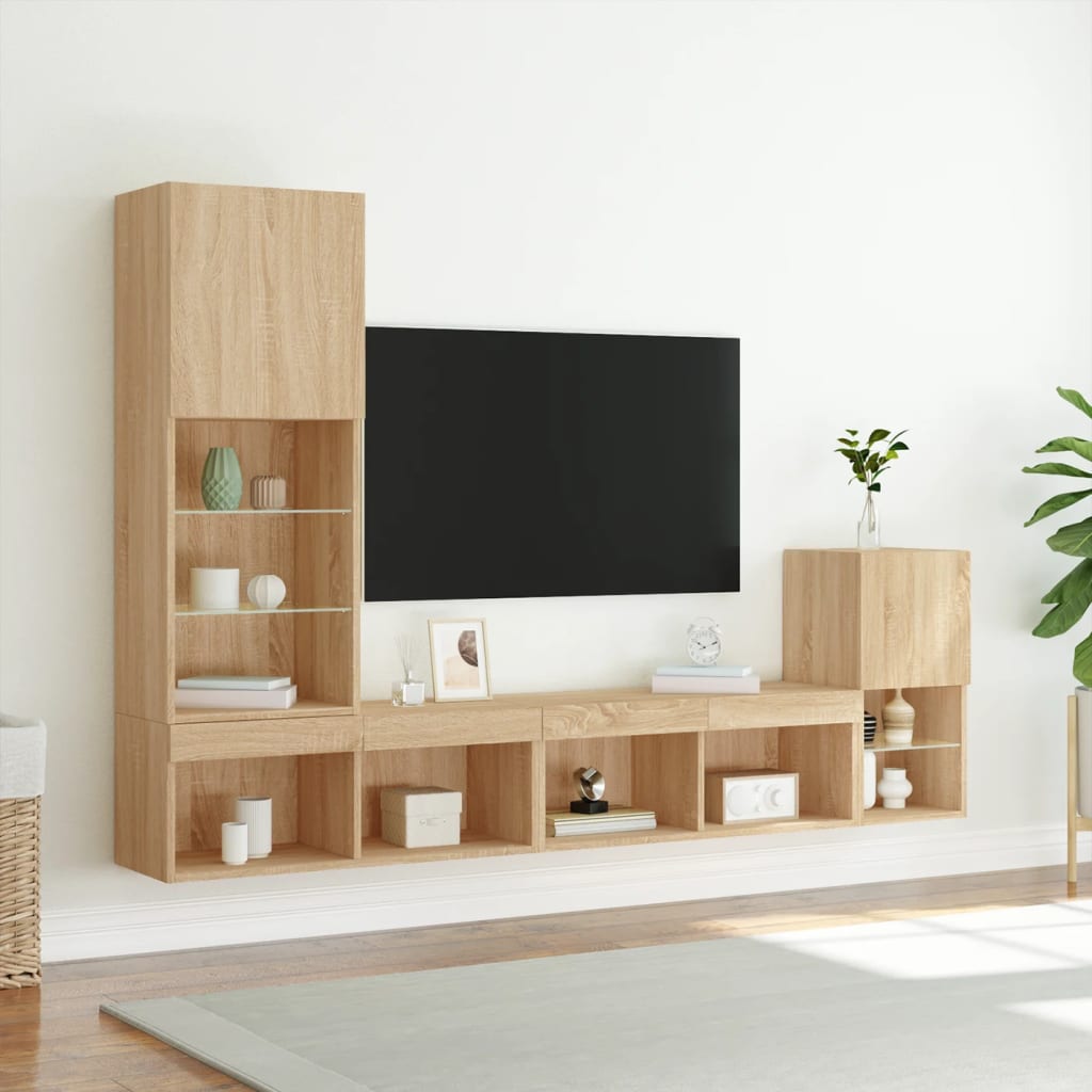 Mobili TV a Muro con LED 4pz Rovere Sonoma Legno Multistrato