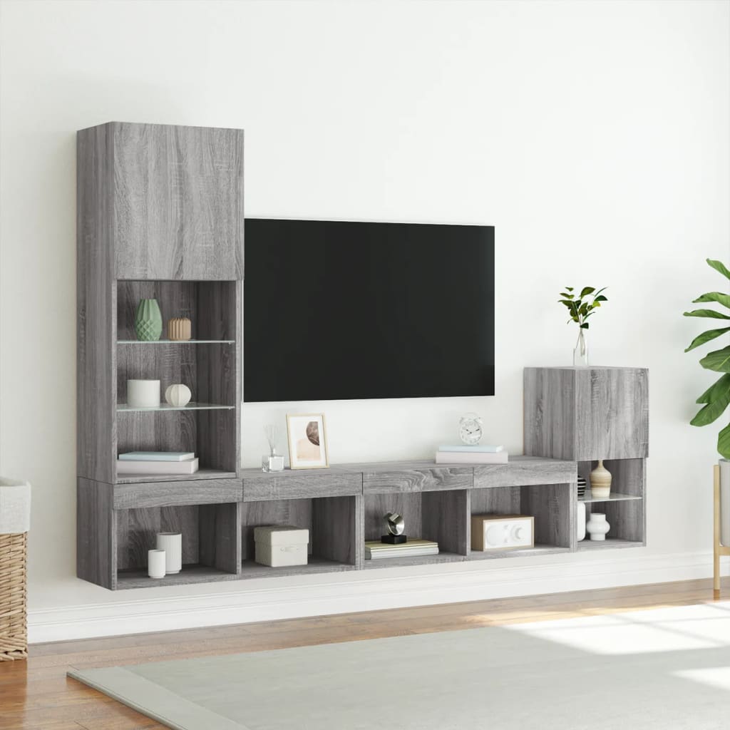 Mobili TV a Muro con LED 4pz Grigio Sonoma in Legno Multistrato | homemem39