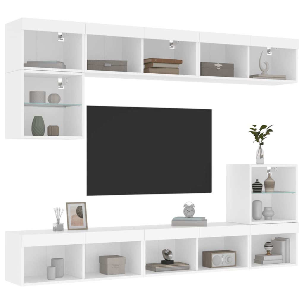 Mobili TV a Muro con LED 8pz Bianchi in Legno Multistrato