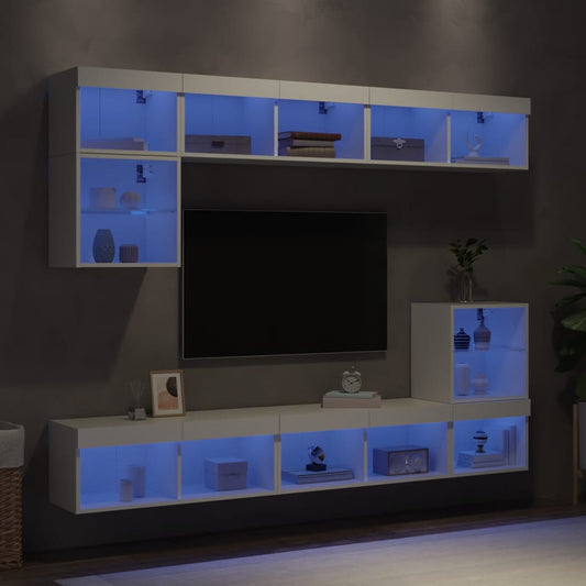 Mobili TV a Muro con LED 8pz Bianchi in Legno Multistrato