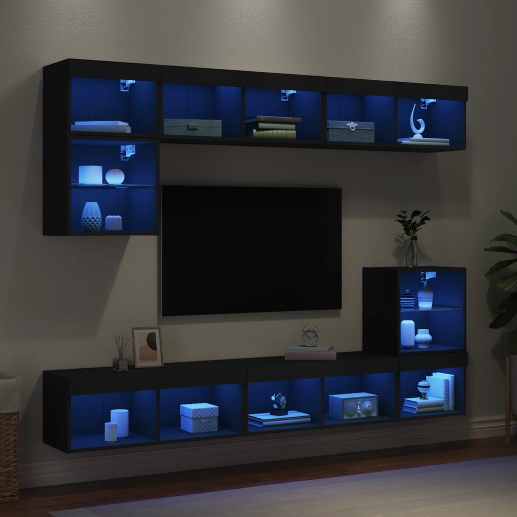 Mobili TV a Muro con LED 8pz Neri in Legno Multistrato