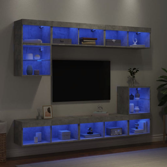 Mobili TV a Muro con LED 8pz Grigio Cemento Legno Multistrato