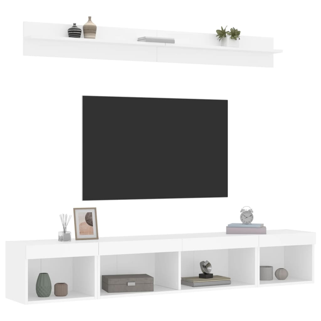 Mobili TV a Muro con LED 5pz Bianchi in Legno Multistrato