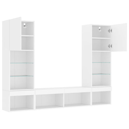 Mobili TV a Muro con LED 5pz Bianchi in Legno Multistrato