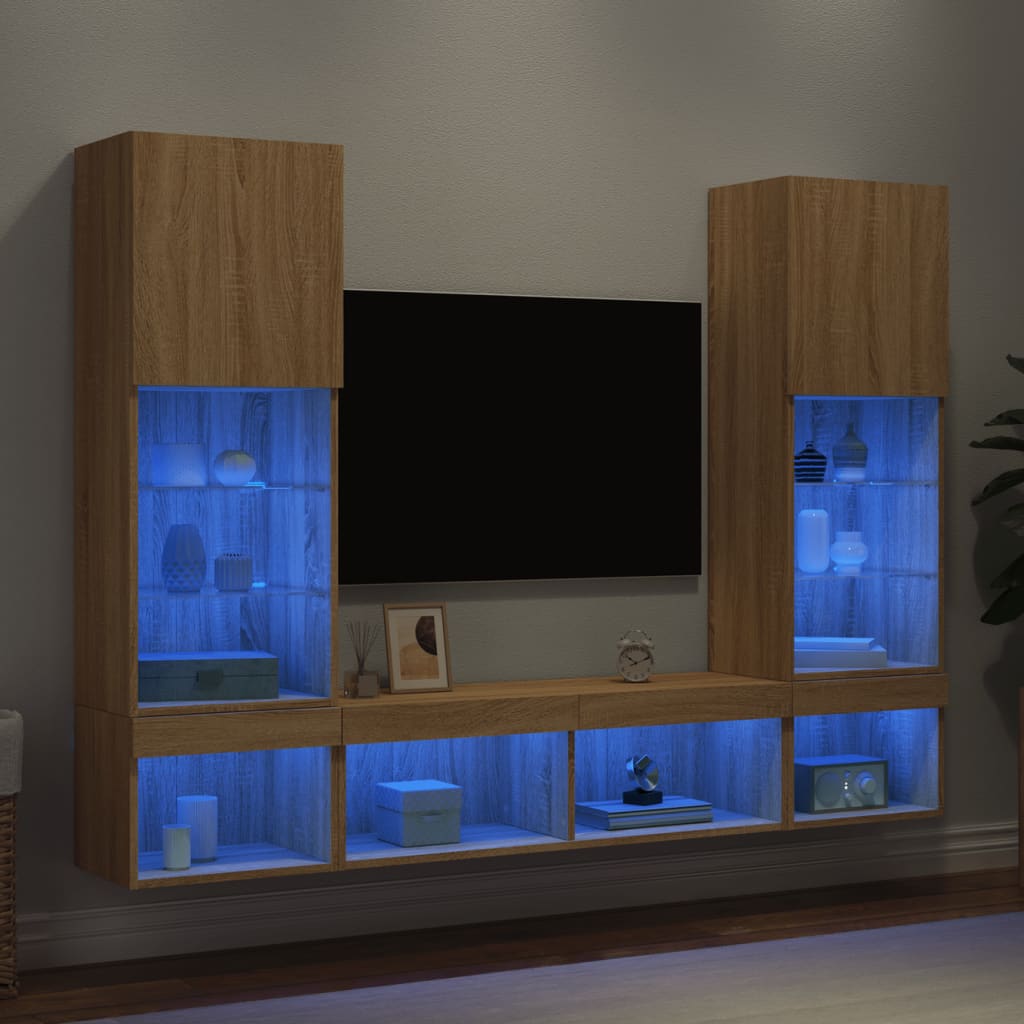 Mobili TV a Muro con LED 5pz Rovere Sonoma Legno Multistrato