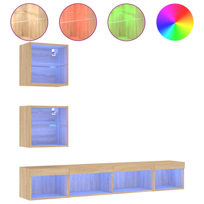 Mobili TV a Muro con LED 5pz Rovere Sonoma Legno Multistrato