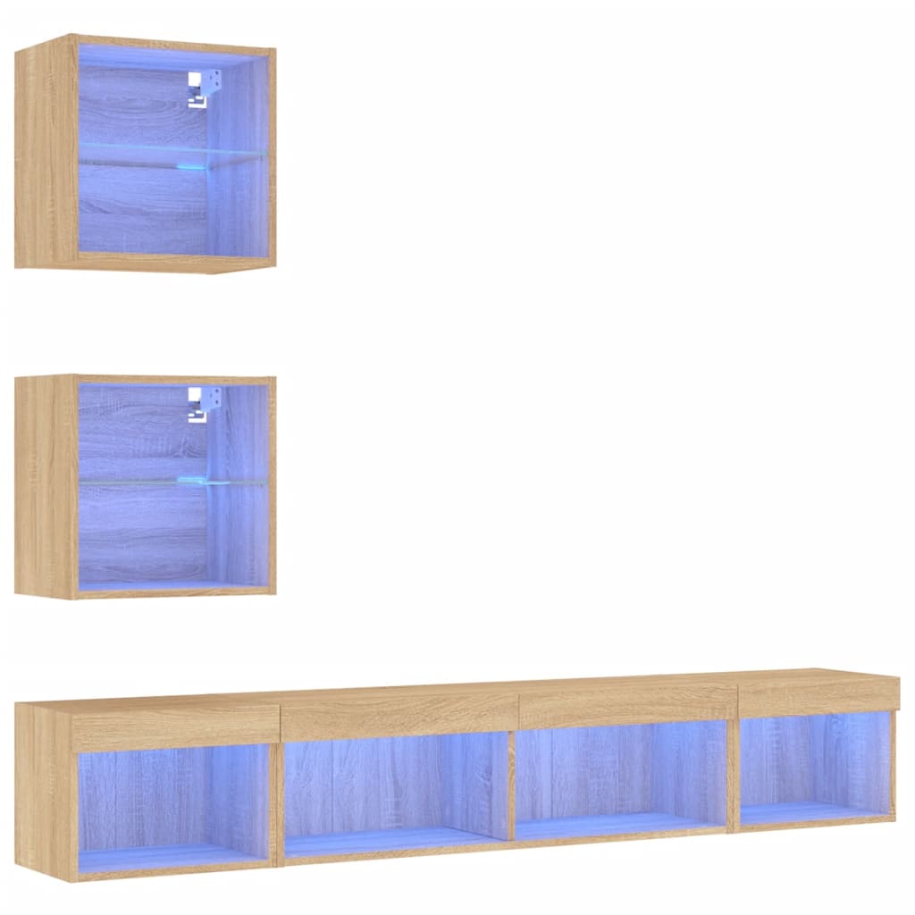 Mobili TV a Muro con LED 5pz Rovere Sonoma Legno Multistrato