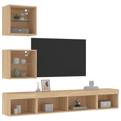 Mobili TV a Muro con LED 5pz Rovere Sonoma Legno Multistrato