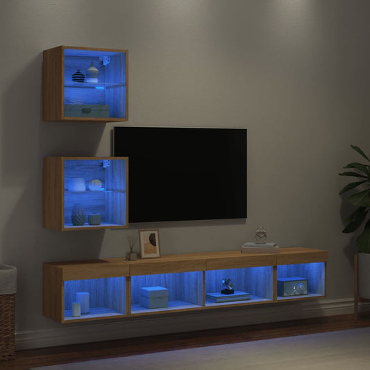 Mobili TV a Muro con LED 5pz Rovere Sonoma Legno Multistrato
