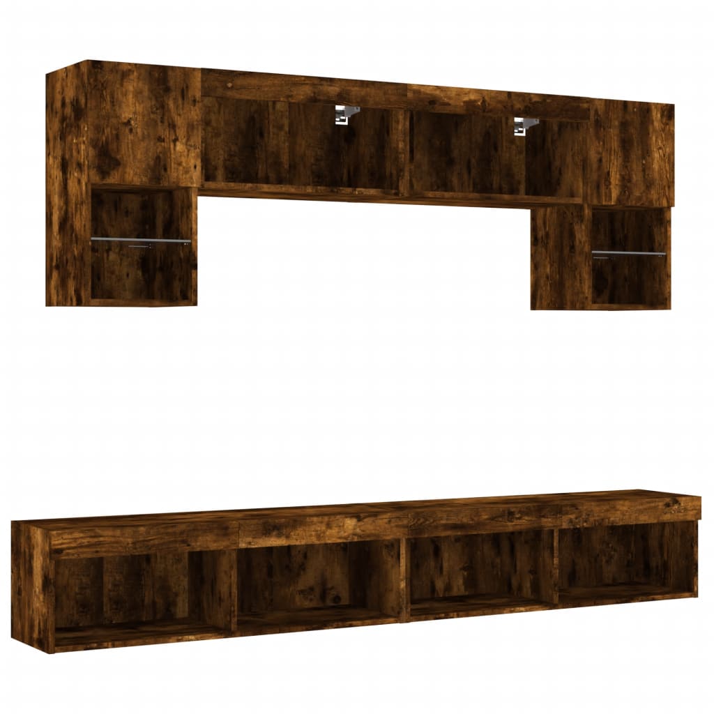Mobili TV a Muro con LED 6pz Rovere Fumo in Legno Multistrato | homemem39