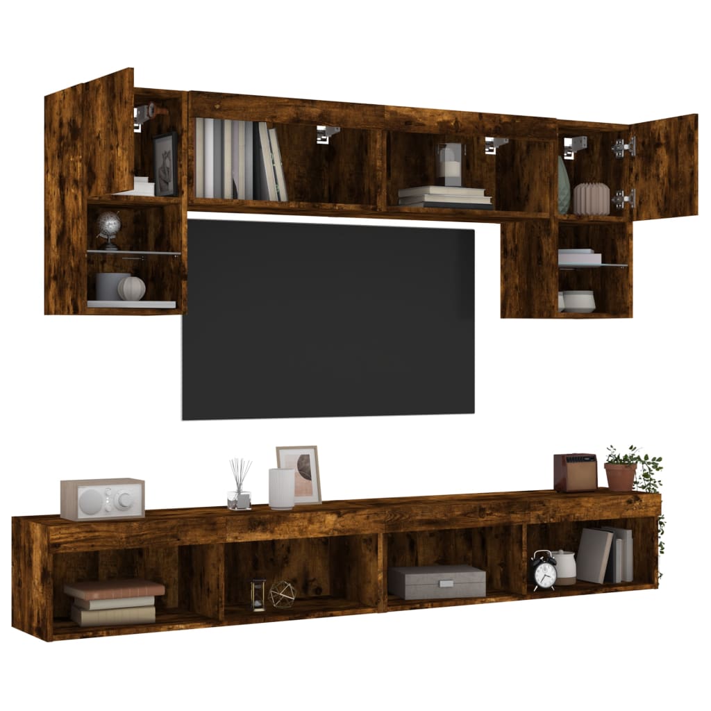 Mobili TV a Muro con LED 6pz Rovere Fumo in Legno Multistrato | homemem39