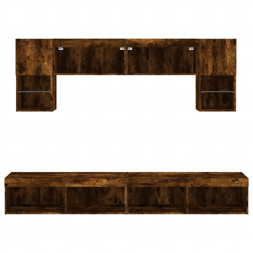 Mobili TV a Muro con LED 6pz Rovere Fumo in Legno Multistrato | homemem39