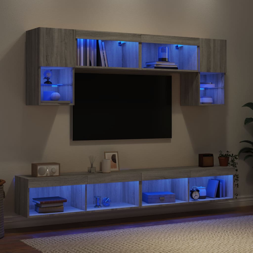 Mobili TV a Muro con LED 6pz Grigio Sonoma Legno Multistrato | homemem39
