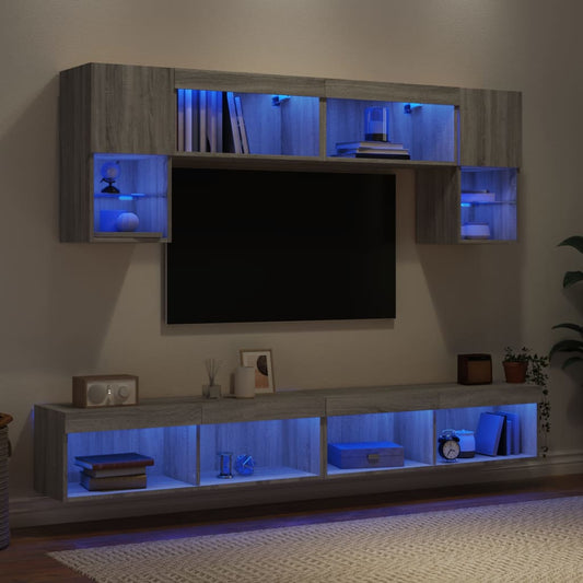 Mobili TV a Muro con LED 6pz Grigio Sonoma Legno Multistrato | homemem39