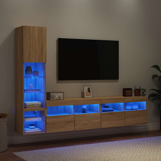 Mobili TV a Muro con LED 4pz Rovere Sonoma Legno Multistrato | homemem39