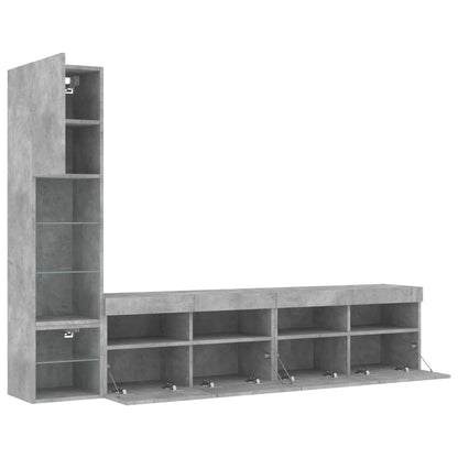 Mobili TV a Muro con LED 4pz Grigio Cemento Legno Multistrato
