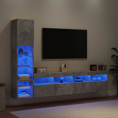 Mobili TV a Muro con LED 4pz Grigio Cemento Legno Multistrato