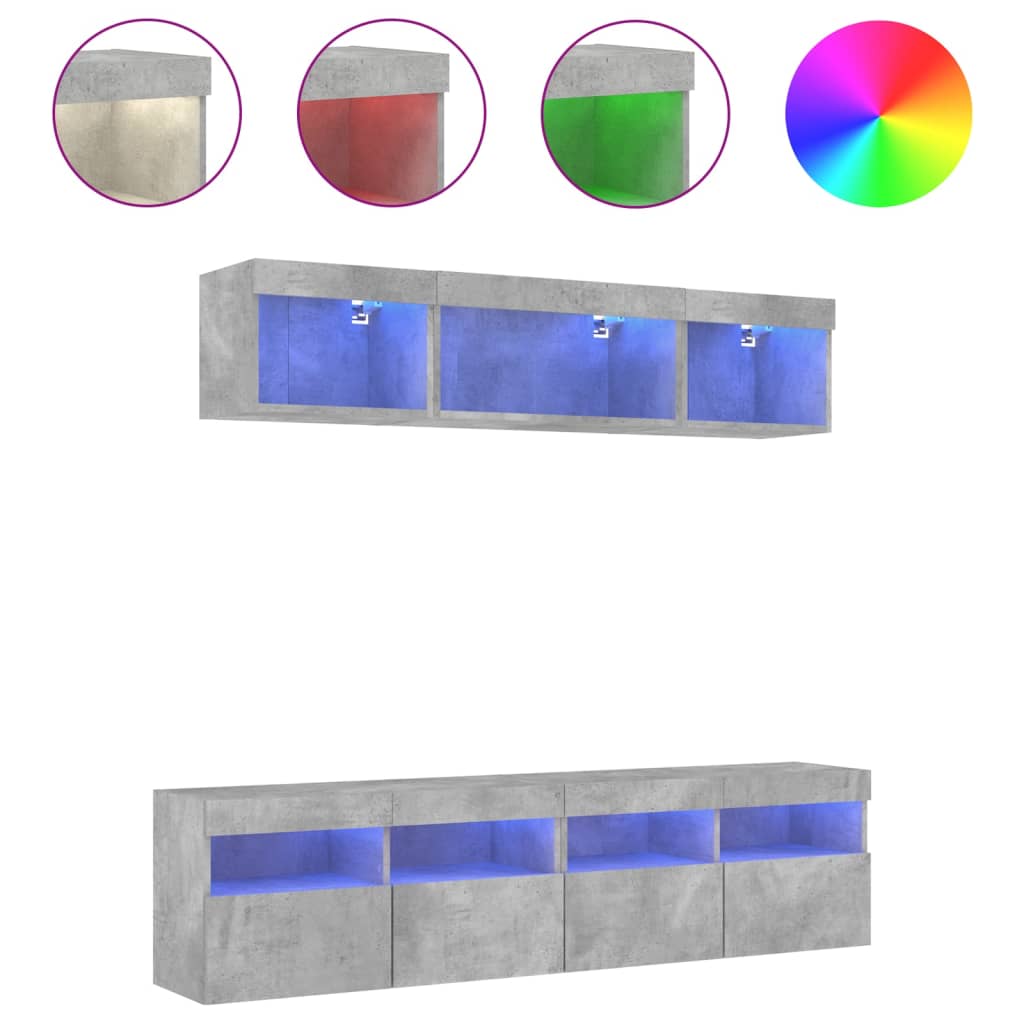 Mobili TV a Muro con LED 5pz Grigio Cemento Legno Multistrato | homemem39