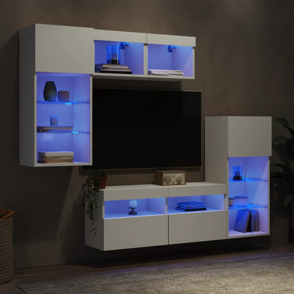 Mobili TV a Muro con LED 5pz Bianchi in Legno Multistrato