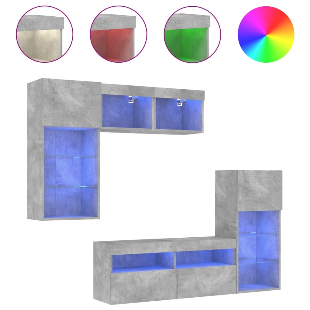 Mobili TV a Muro con LED 5pz Grigio Cemento Legno Multistrato